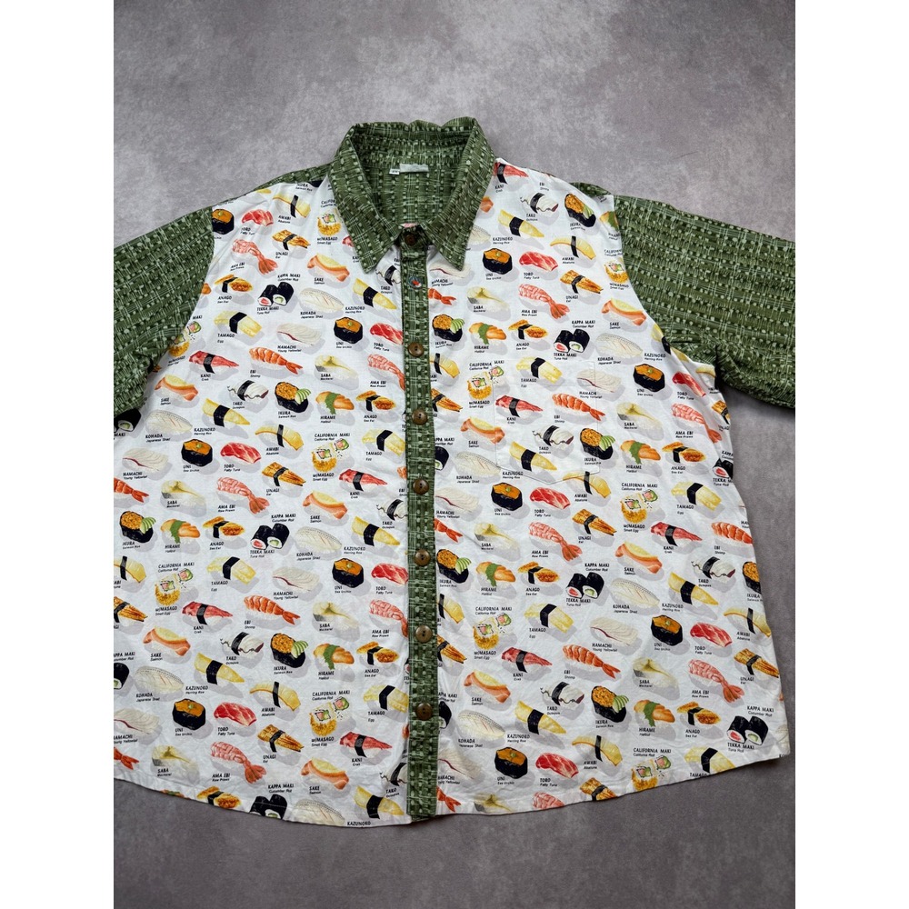 California Awesome Sushi Print Button Down Shirt Mens 2X Green Novelty Cotton